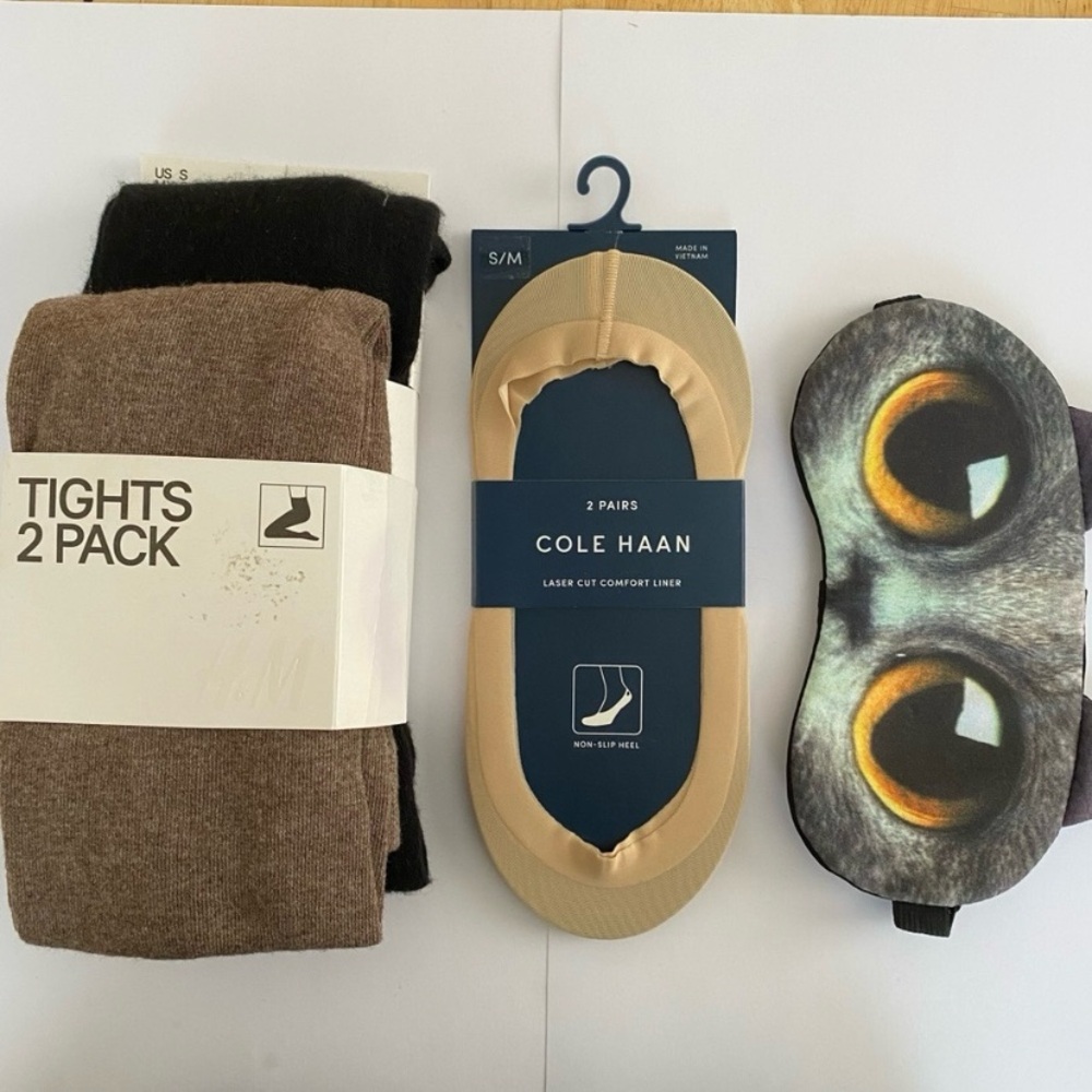 NWT H&M Brown/Black Tights, Cole Haan Comfort Liner Socks, Kitten Eye Mask